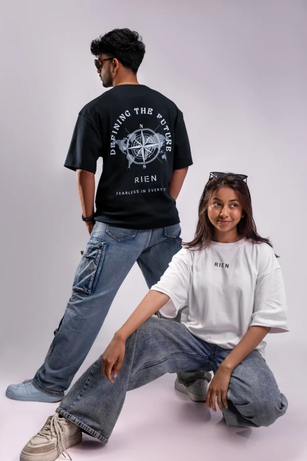 Defining The Future Oversized Tee Unisex, black back print and white front worn together