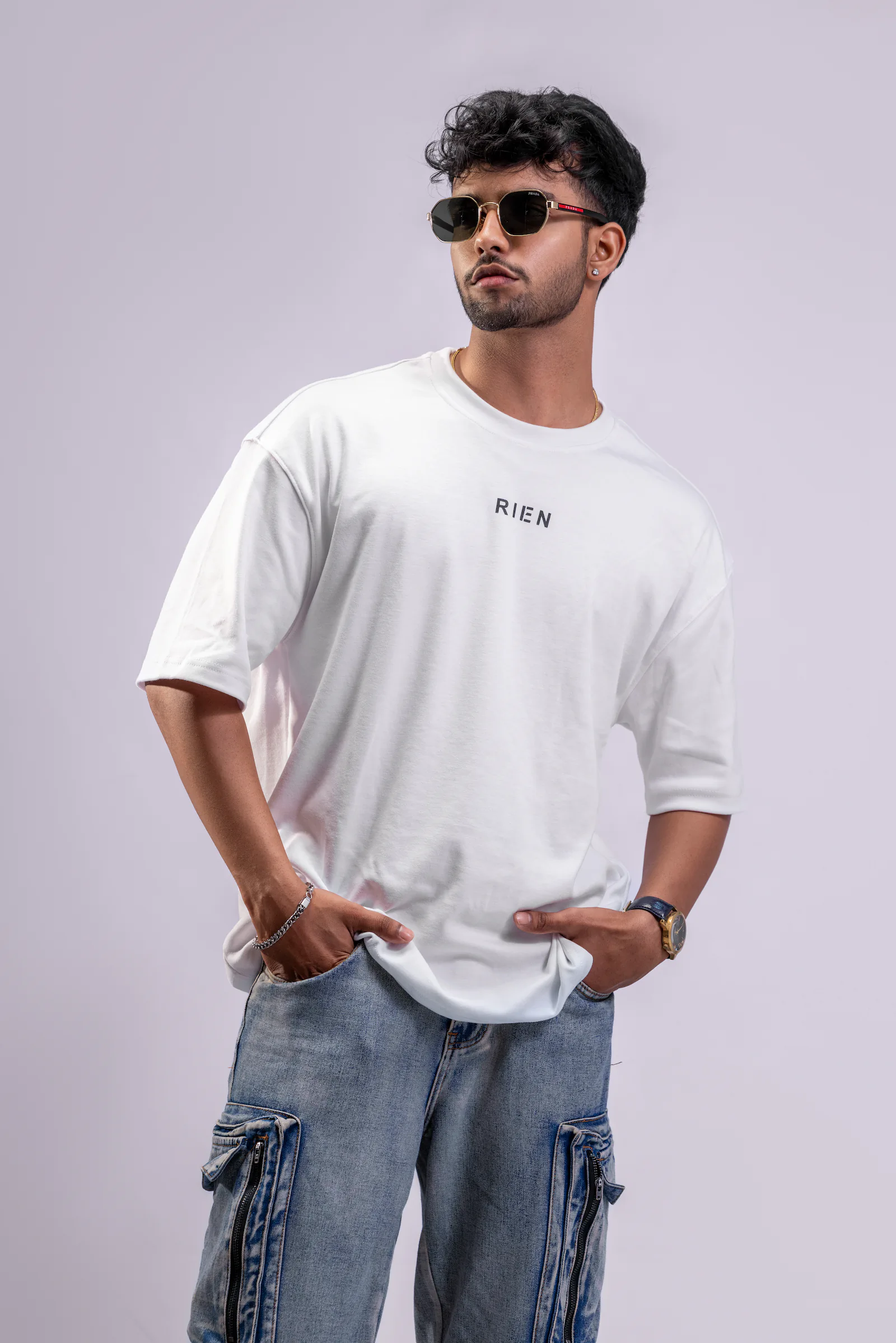 Defining The Future Oversized Tee Unisex in white, front view with RIEN chest logo